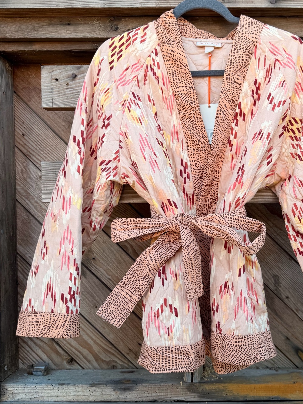 Knox Rose Pink Patterned Open-Front Cardigan with Coral & Burgundy Accents - Picture 2 of 5